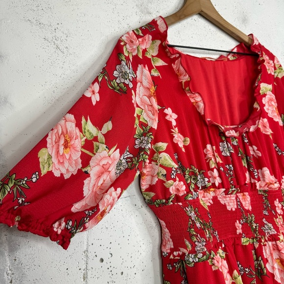 Wayward Fancies Eshakti Flora Print Ruched Half Sleeve Ruffle Trim Scoop Dress - Picture 6 of 11